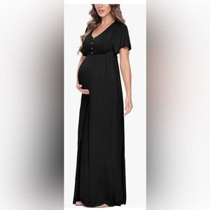 NWT Maternity Maxi Black Decorative Button Flutter Sleeve Dress